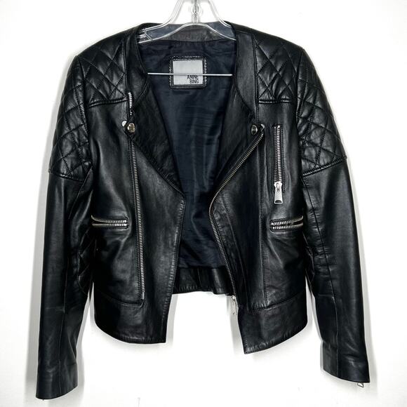Anine Bing Quilted Black Leather Biker Moto Zip Jacket Sz XS - Picture 5 of 15